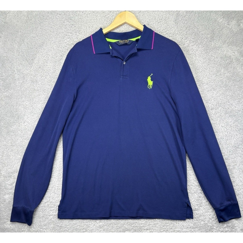 Polo Golf Ralph Lauren Long Sleeve Polo Shirt Mens Blue Yellow Big Pony Large